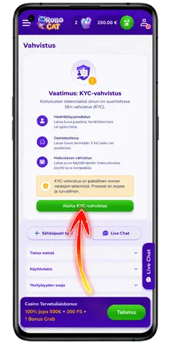 KYC-vahvistus RoboCat Casinolla