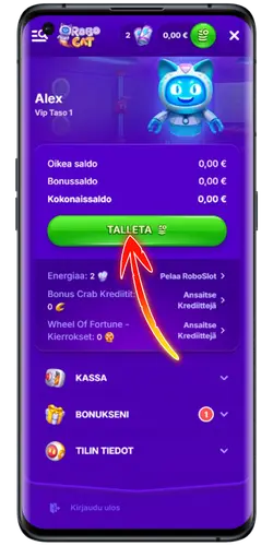 Siirry valikkoon ja talletuspainikkeeseen RoboCat